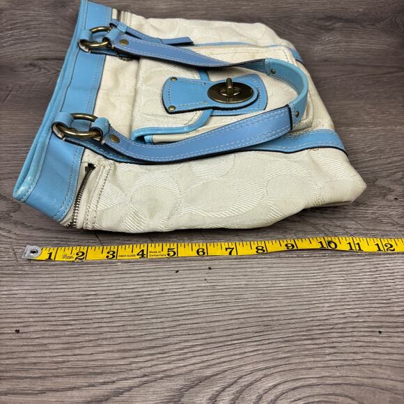 Coach Work Tote Bag K0893-F13103 Khaki Blue Leather Trim Turnlock Front Pocket - Picture 13 of 15